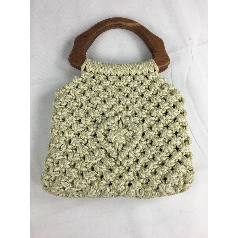 Vintage 1970s Macrame Crochet‎ Beige Ivory Bag Purse Wooden Handle